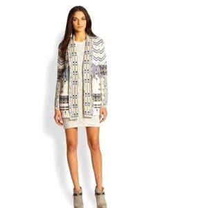 BCBGMAXAZRIA Amur Floral Jacqua Fringe Trimmed Patterned Cotton Cardigan in Blue